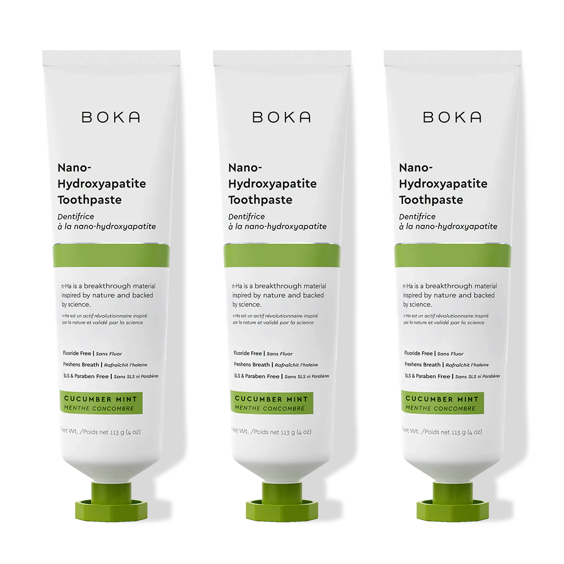 Three tubes of Boka Nano-Hydroxyapatite Toothpaste with cucumber mint flavor on a white background.