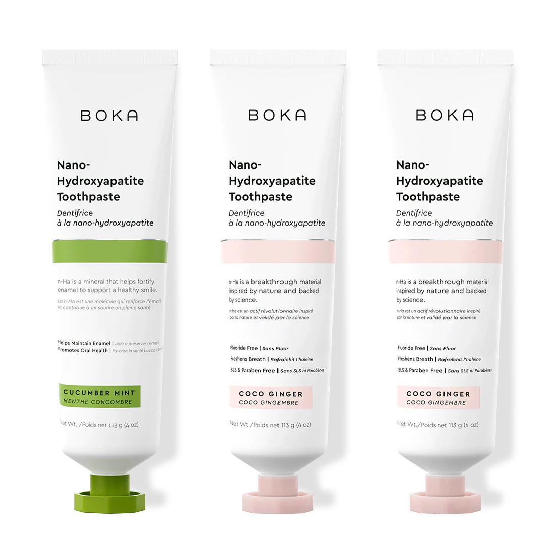 Three bottles of Boka Nano-Hydroxyapatite Toothpaste on a white background