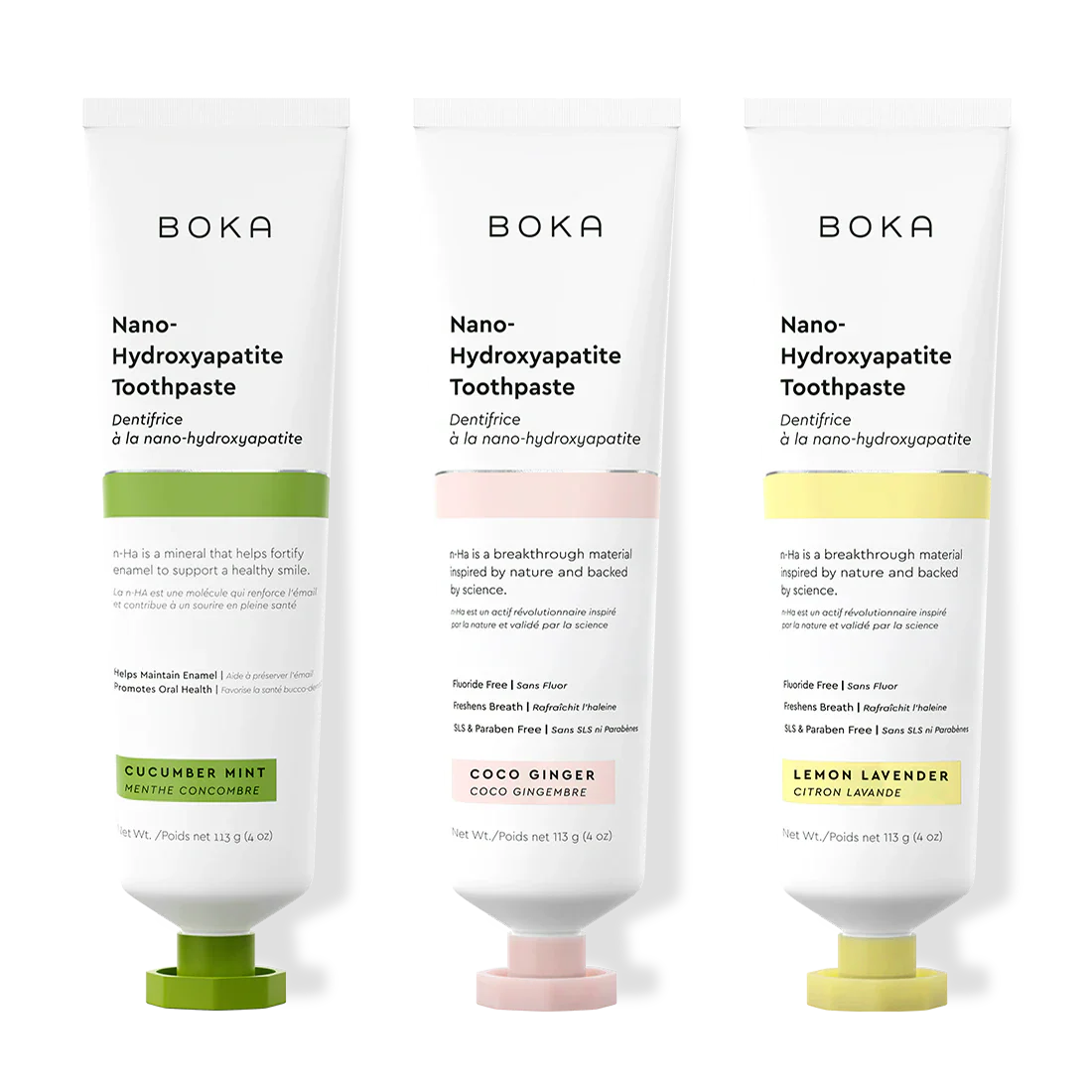Three bottles of Boka Nano-Hydroxyapatite Toothpaste on a white background