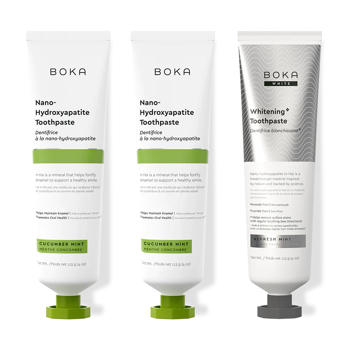 Three bottles of Boka Nano-Hydroxyapatite Toothpaste on a white background