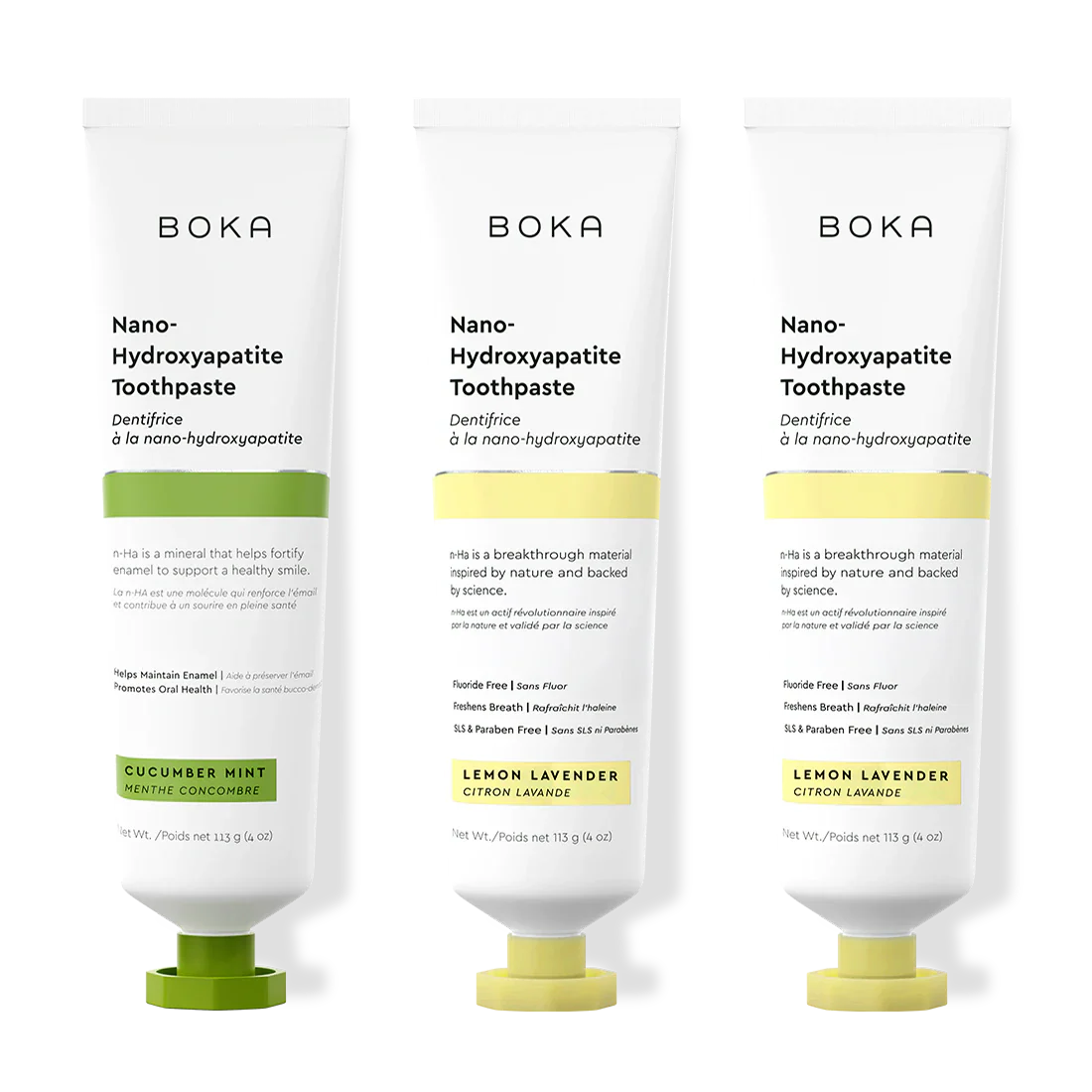 Three bottles of Boka Nano-Hydroxyapatite Toothpaste on a white background
