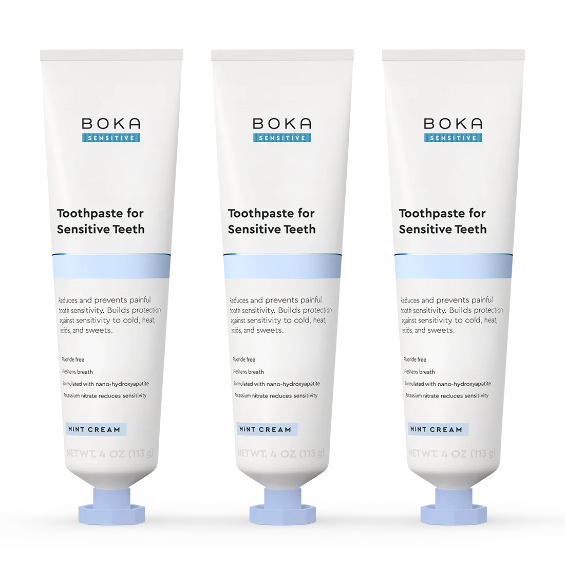 Three tubes of Boka Sensitive Toothpaste for Sensitive Teeth on a white background