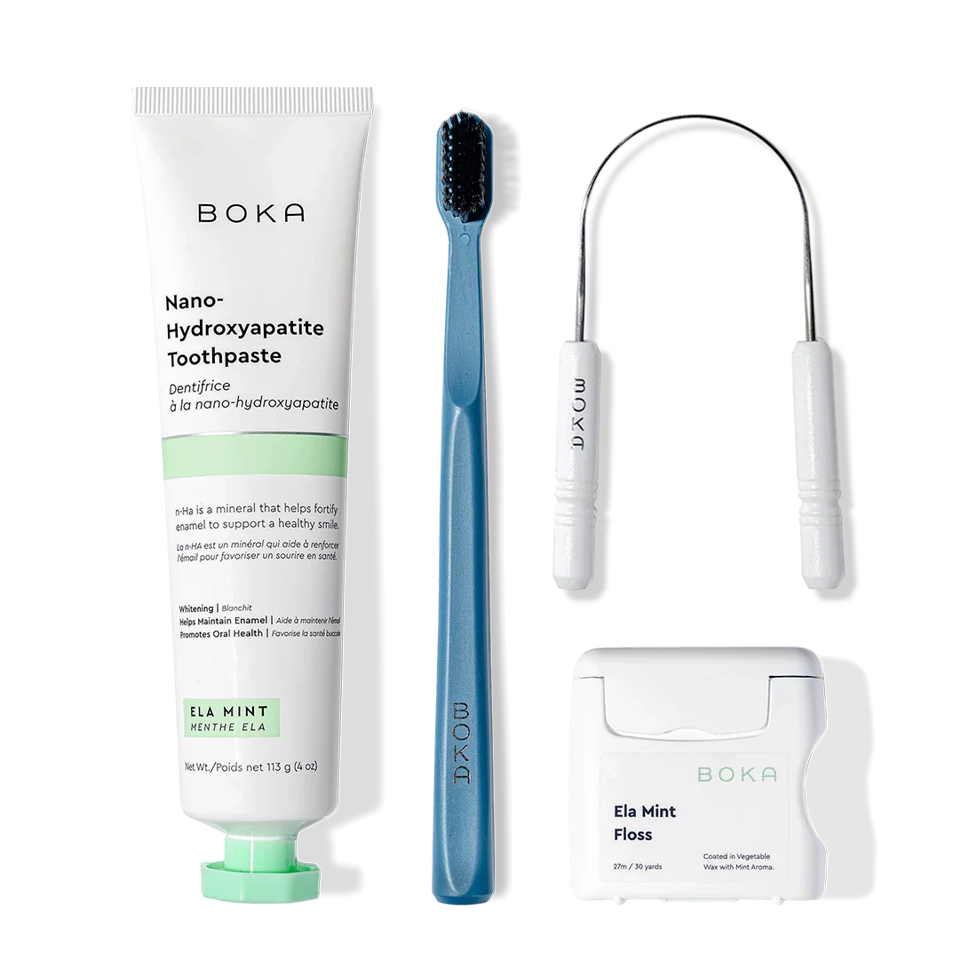 Starter Kit: toothpaste, blue toothbrush with charcoal bristles, tongue cleaner, and floss.