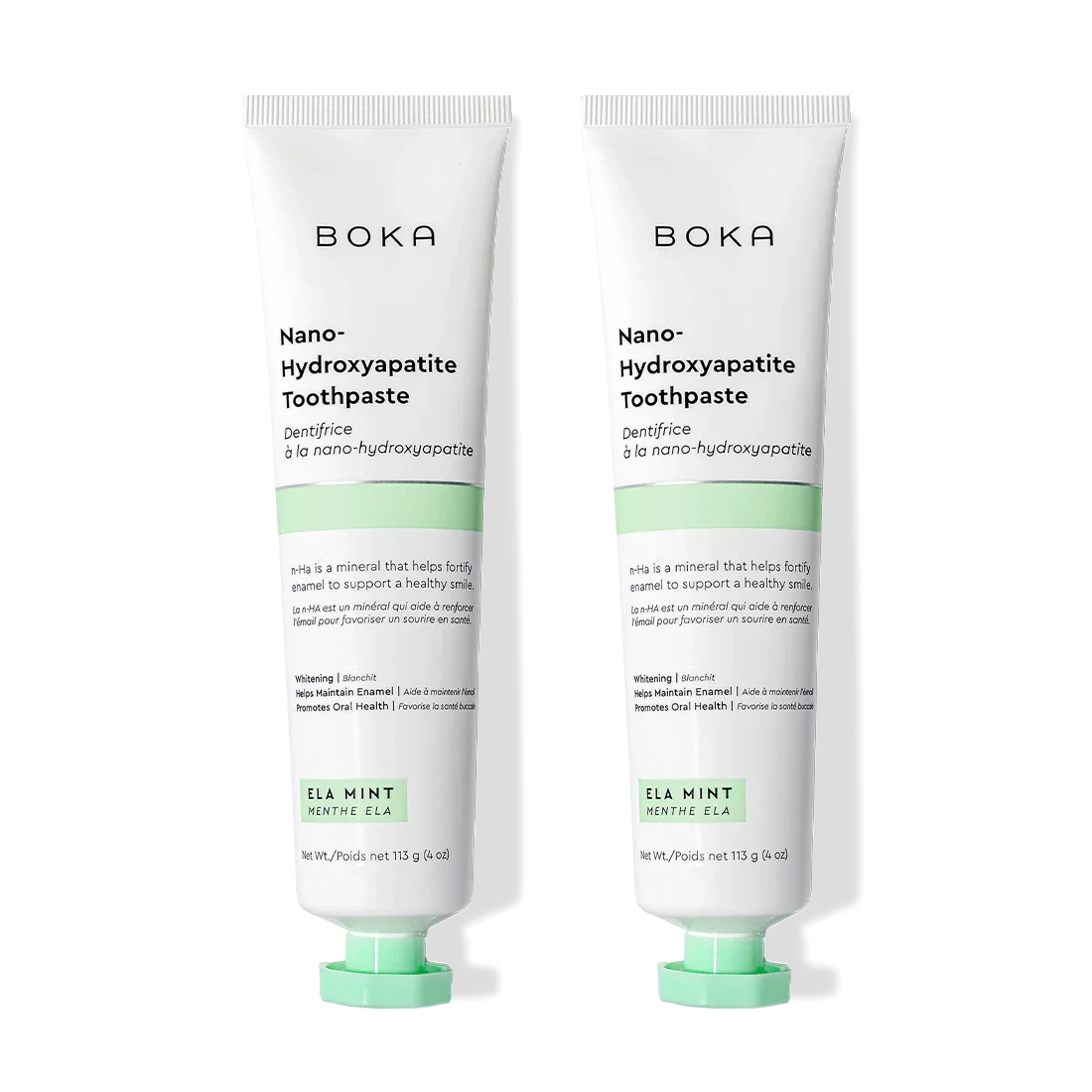 Two tubes of n-Ha Toothpaste 2-Pack to remineralize teeth, shown on a black background.