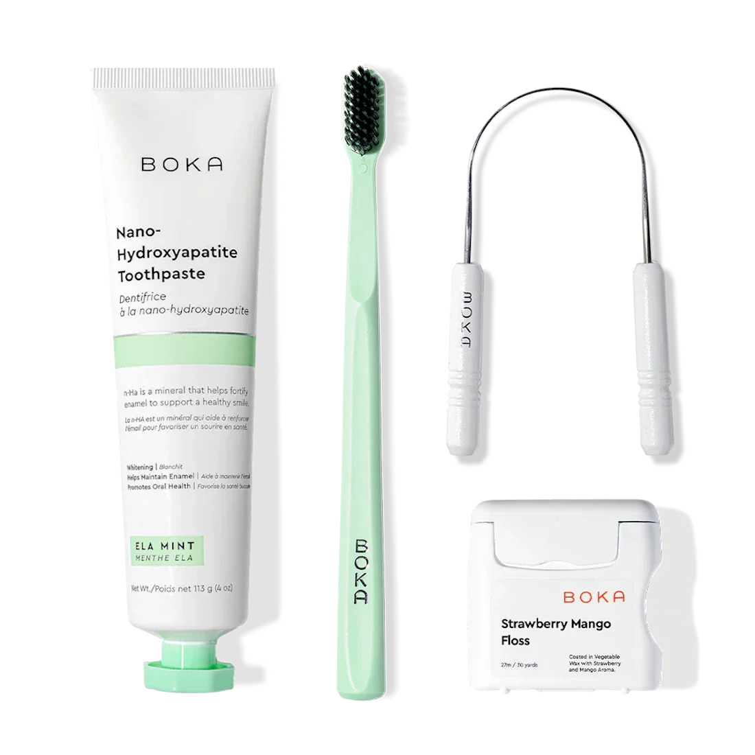 Starter Kit: includes nano-hydroxyapatite toothpaste, green toothbrush, and strawberry mango floss.