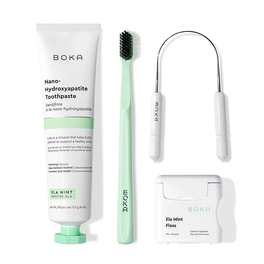 Boka Starter Kit: nano-hydroxyapatite toothpaste, charcoal bristle toothbrush, and tongue cleaner.