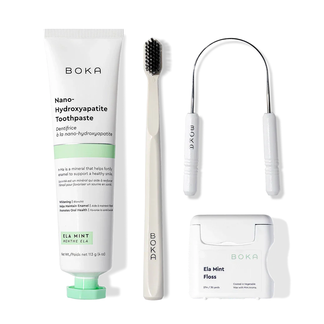 Starter Kit: toothpaste, charcoal toothbrush, tongue cleaner, and dental floss in one set.