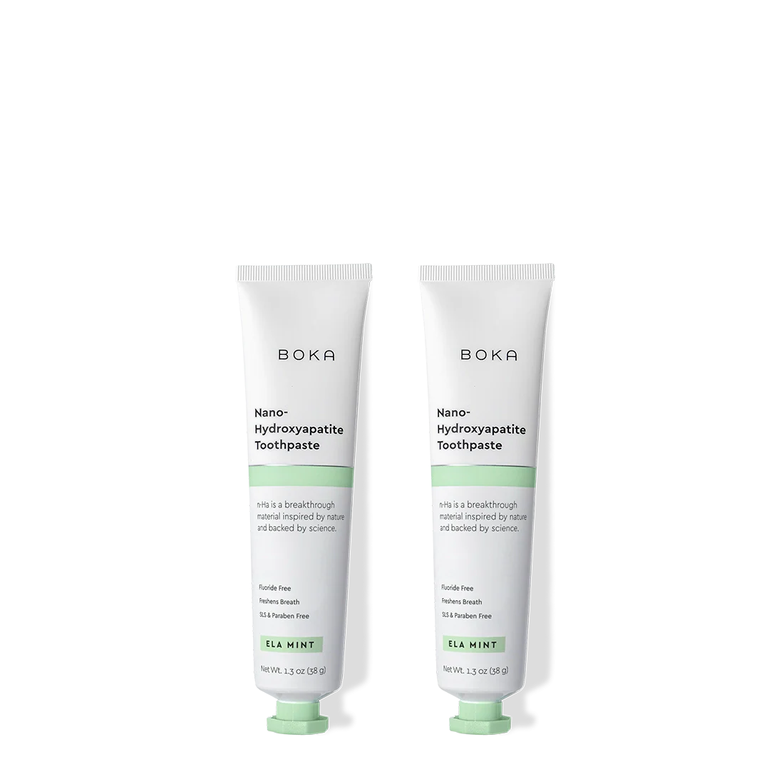Two tubes of Boka Nano-Hydroxyapatite Toothpaste on a white background