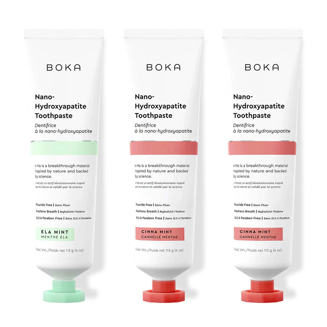 Three tubes of Boka Nano-Hydroxyapatite Toothpaste with different flavors on a white background.