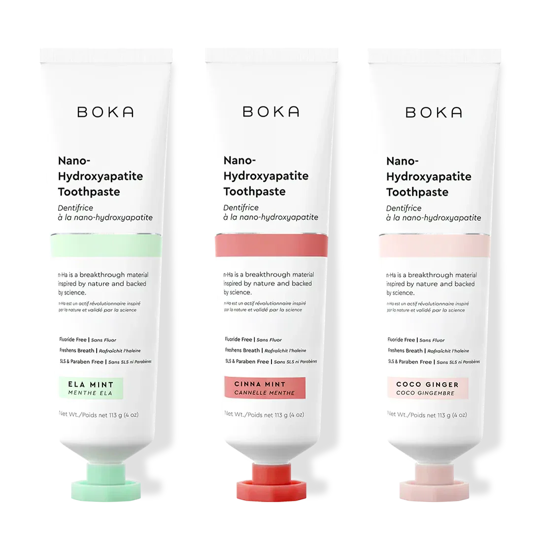 Three tubes of Boka Nano-Hydroxyapatite Toothpaste with different flavors on a white background.
