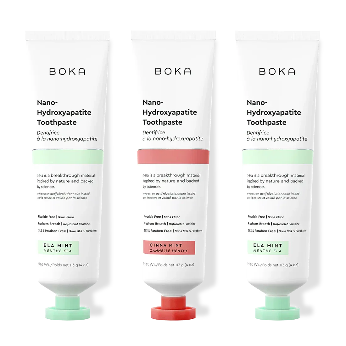 Three tubes of Boka Nano-Hydroxyapatite Toothpaste with different flavors on a white background.