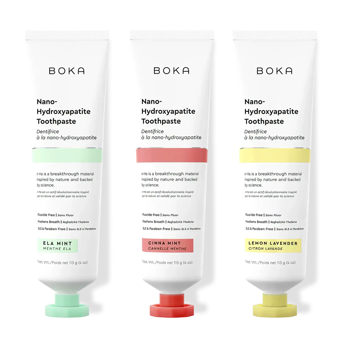 Three tubes of Boka Nano-Hydroxyapatite Toothpaste with different flavors on a white background.