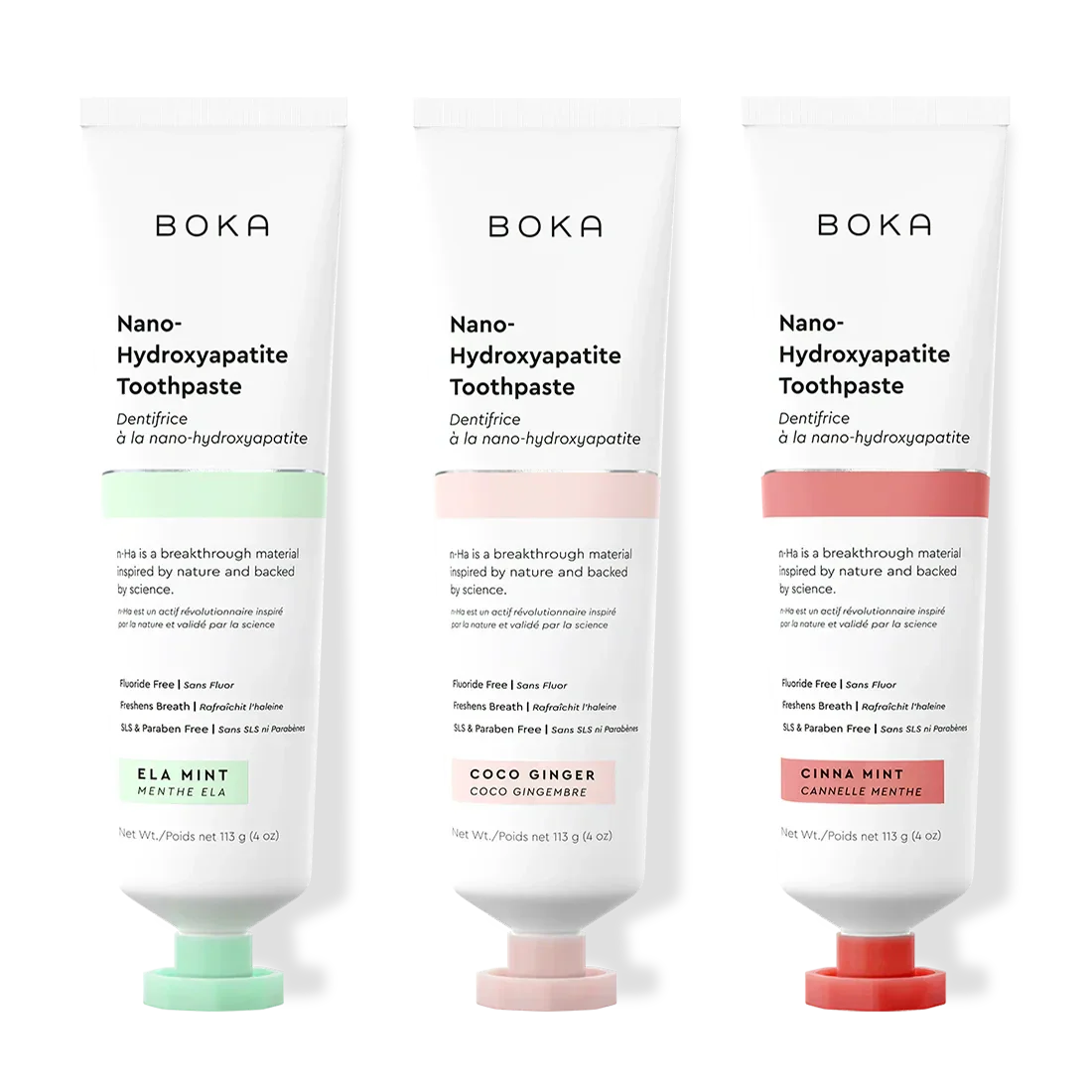 Three tubes of Boka Nano-Hydroxyapatite Toothpaste with different flavors on a white background.