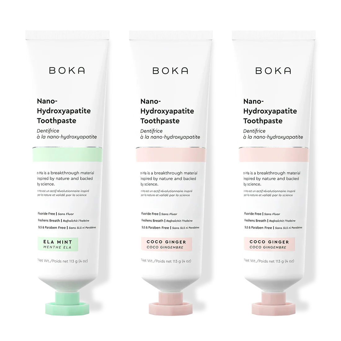 Three tubes of Boka Nano-Hydroxyapatite Toothpaste on a white background