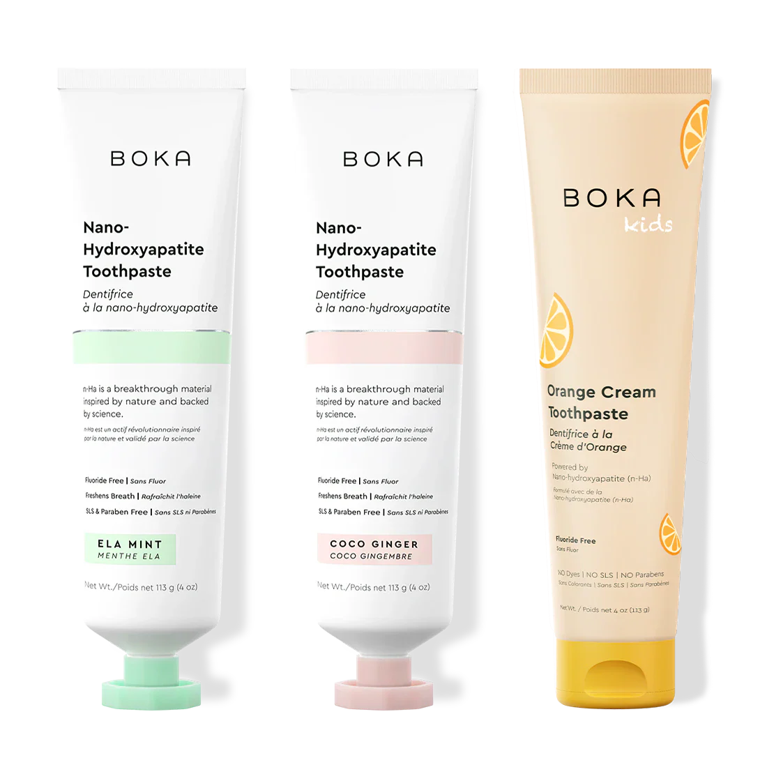 Three tubes of Boka Nano-Hydroxyapatite Toothpaste on a white background