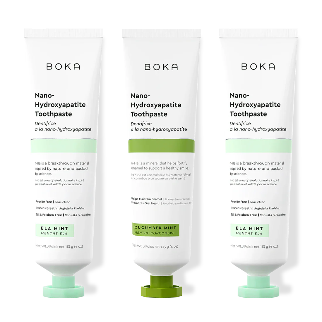 Three tubes of Boka Nano-Hydroxyapatite Toothpaste on a white background