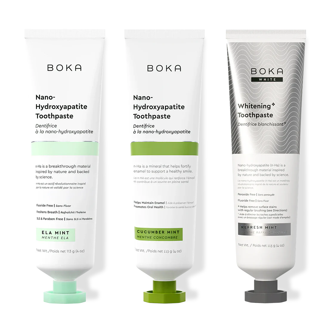 Three bottles of Boka Nano-Hydroxyapatite Toothpaste on a white background