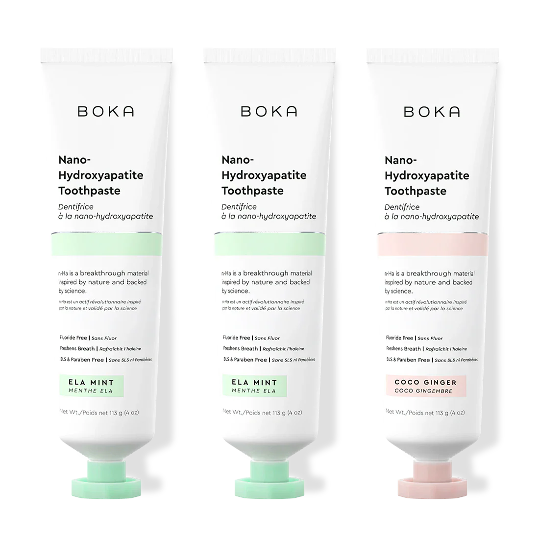 Three tubes of Boka Nano-Hydroxyapatite Toothpaste on a white background