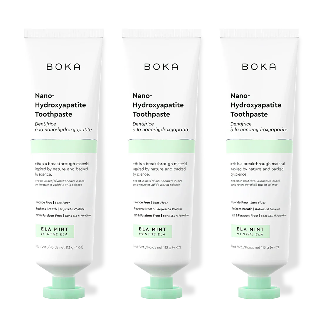 Three tubes of Boka Nano-Hydroxyapatite Toothpaste on a white background