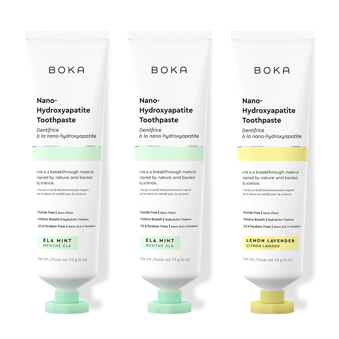 Three tubes of Boka Nano-Hydroxyapatite Toothpaste on a white background