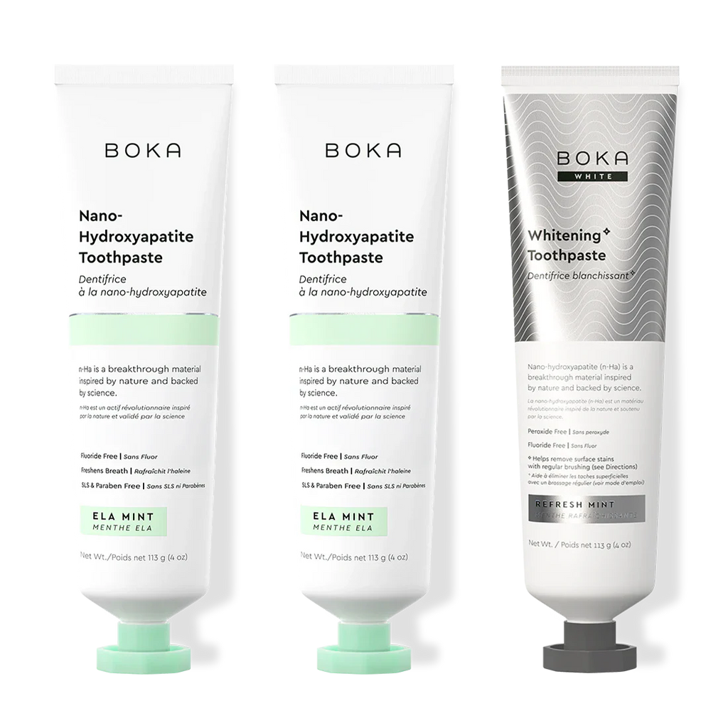 Three bottles of Boka Nano-Hydroxyapatite Toothpaste on a white background