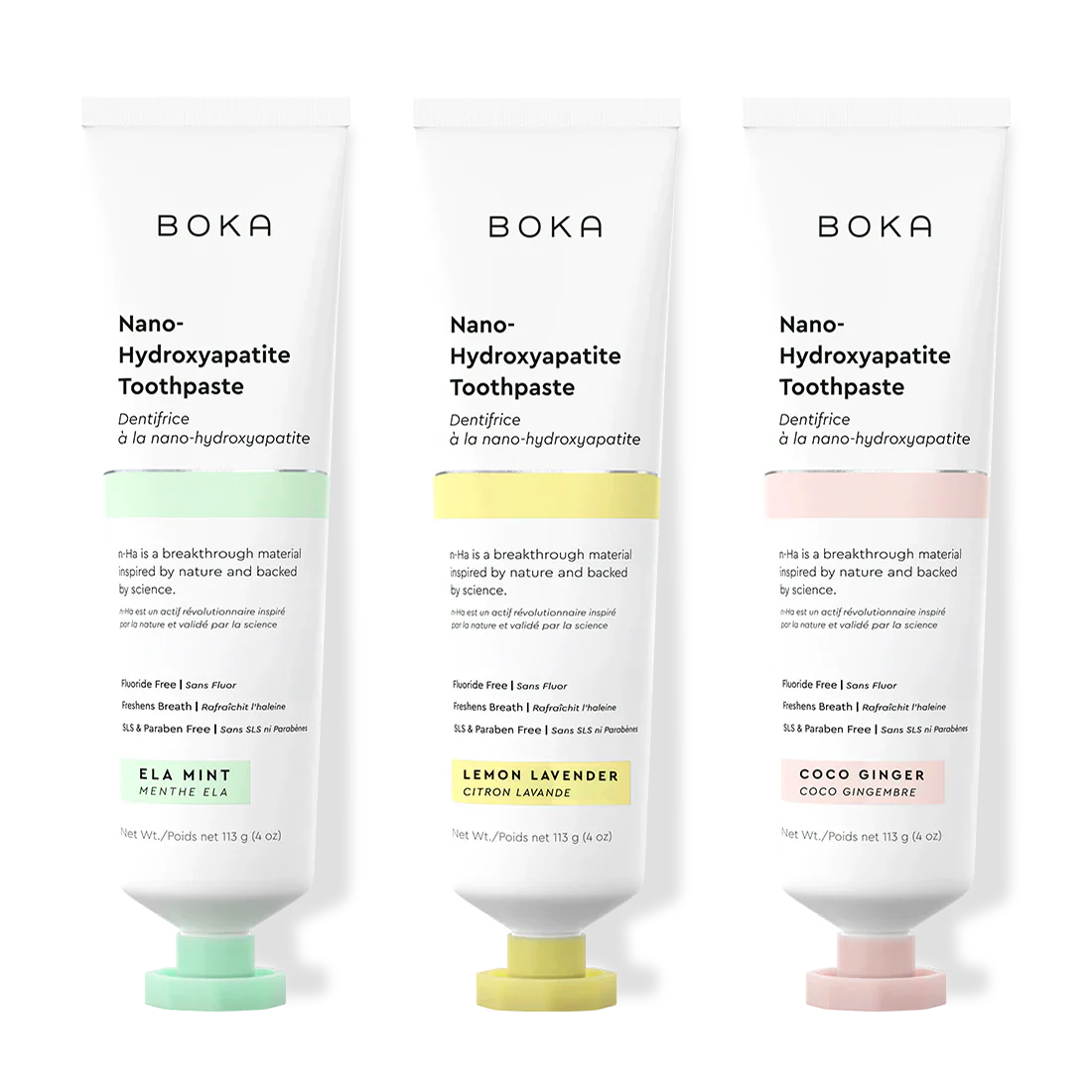 Three tubes of Boka Nano-Hydroxyapatite Toothpaste on a white background