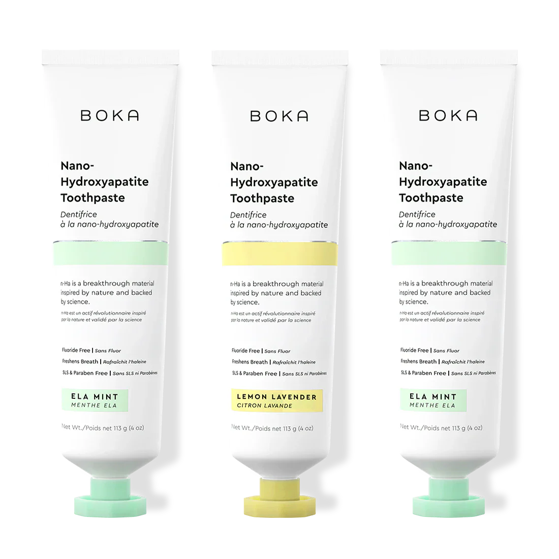 Three tubes of Boka Nano-Hydroxyapatite Toothpaste on a white background