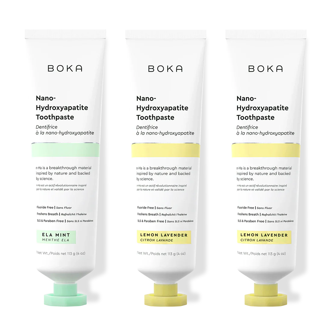 Three bottles of Boka Nano-Hydroxyapatite Toothpaste on a white background