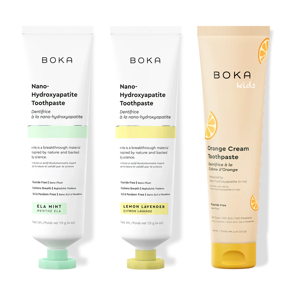 Three bottles of Boka Nano-Hydroxyapatite Toothpaste on a white background