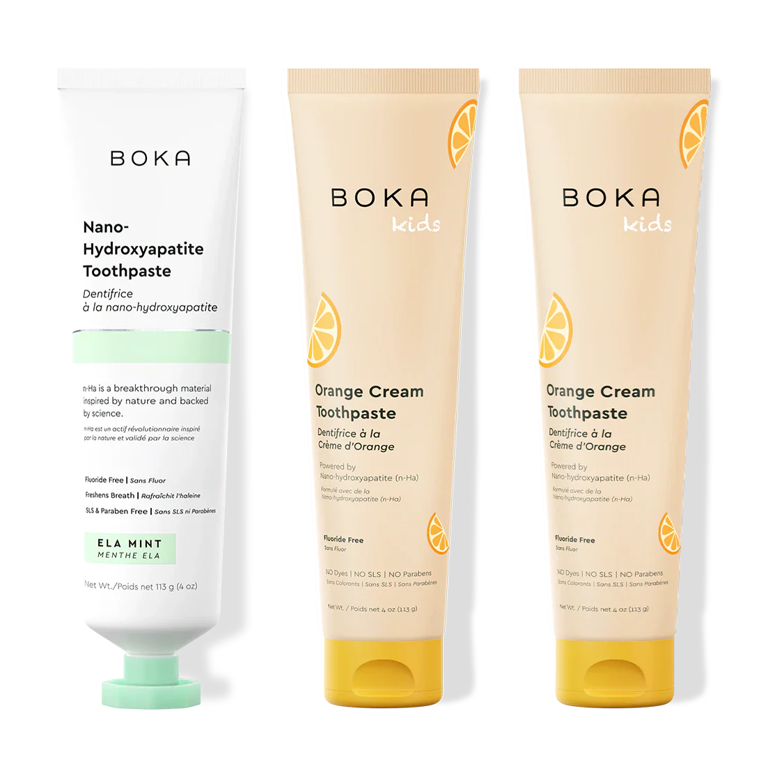 Three tubes of Boka Nano-Hydroxyapatite Toothpaste on a white background