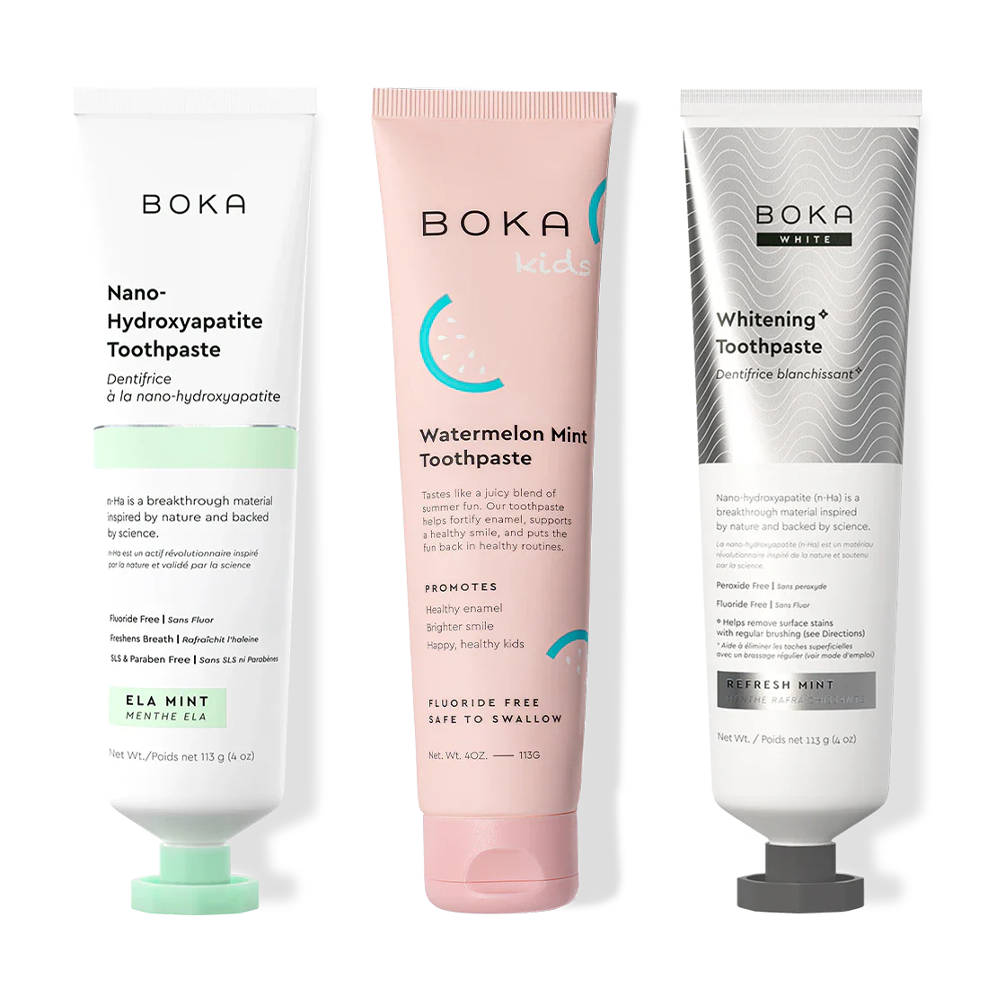 Three bottles of Boka Nano-Hydroxyapatite Toothpaste on a white background