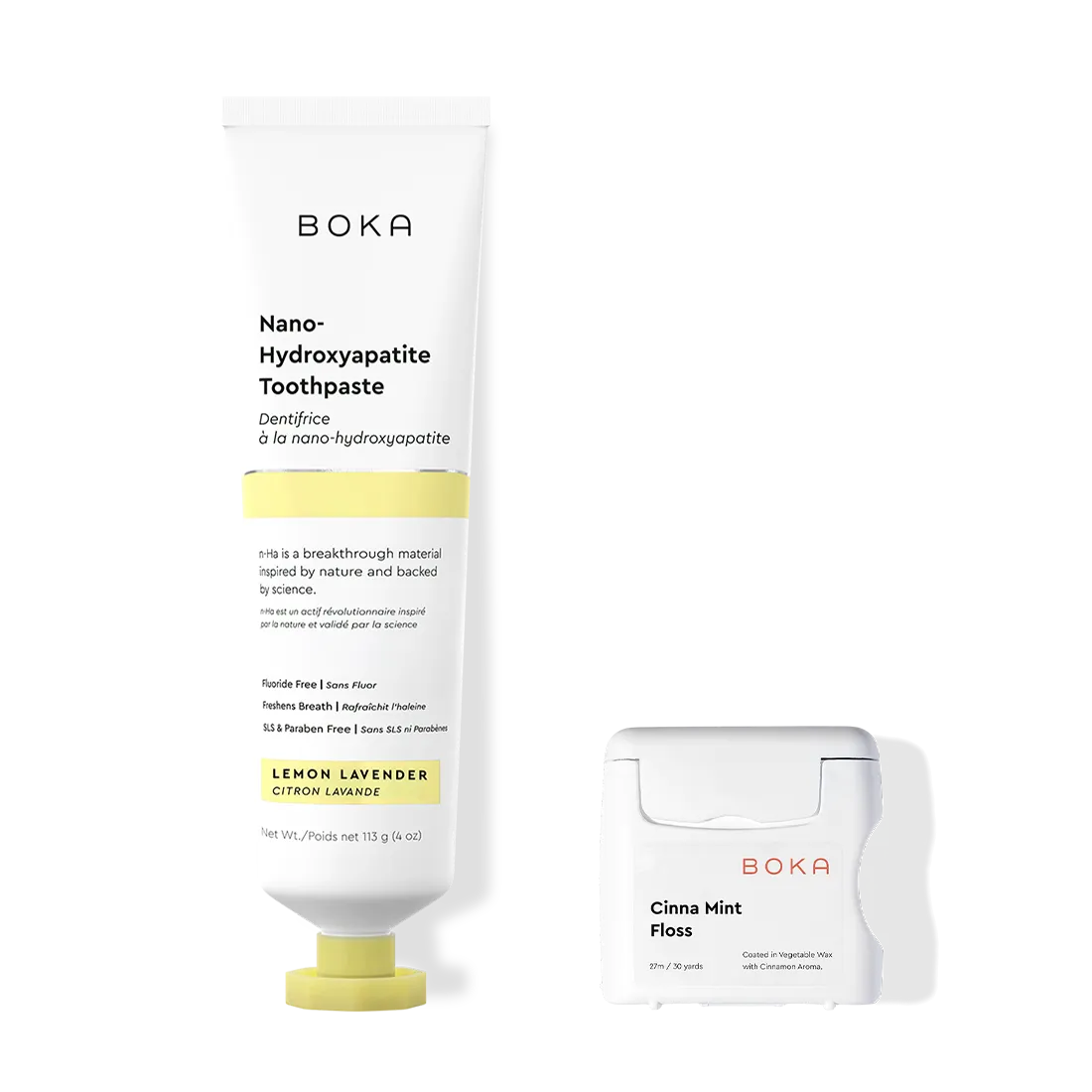Boka Nano Hydroxyapatite Toothpaste and Floss on a white background