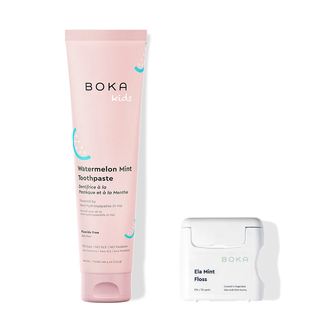 Boka kids toothpaste and floss on a white background