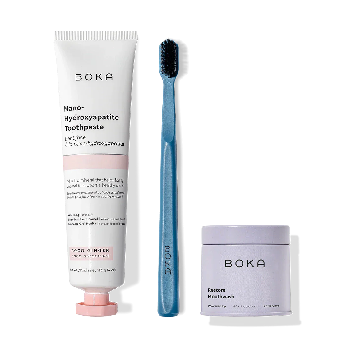 Fresh Faced set: toothpaste, black toothbrush with charcoal bristles, and restore mouthwash tablets shown.