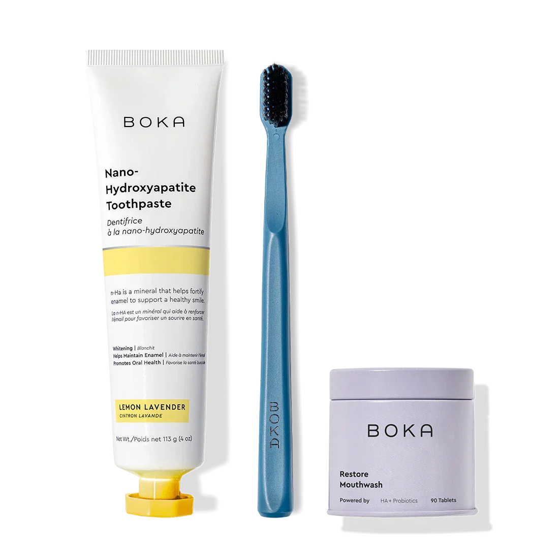 Fresh Faced: Toothpaste, black brush with charcoal bristles, and lemon lavender Restore tablets.