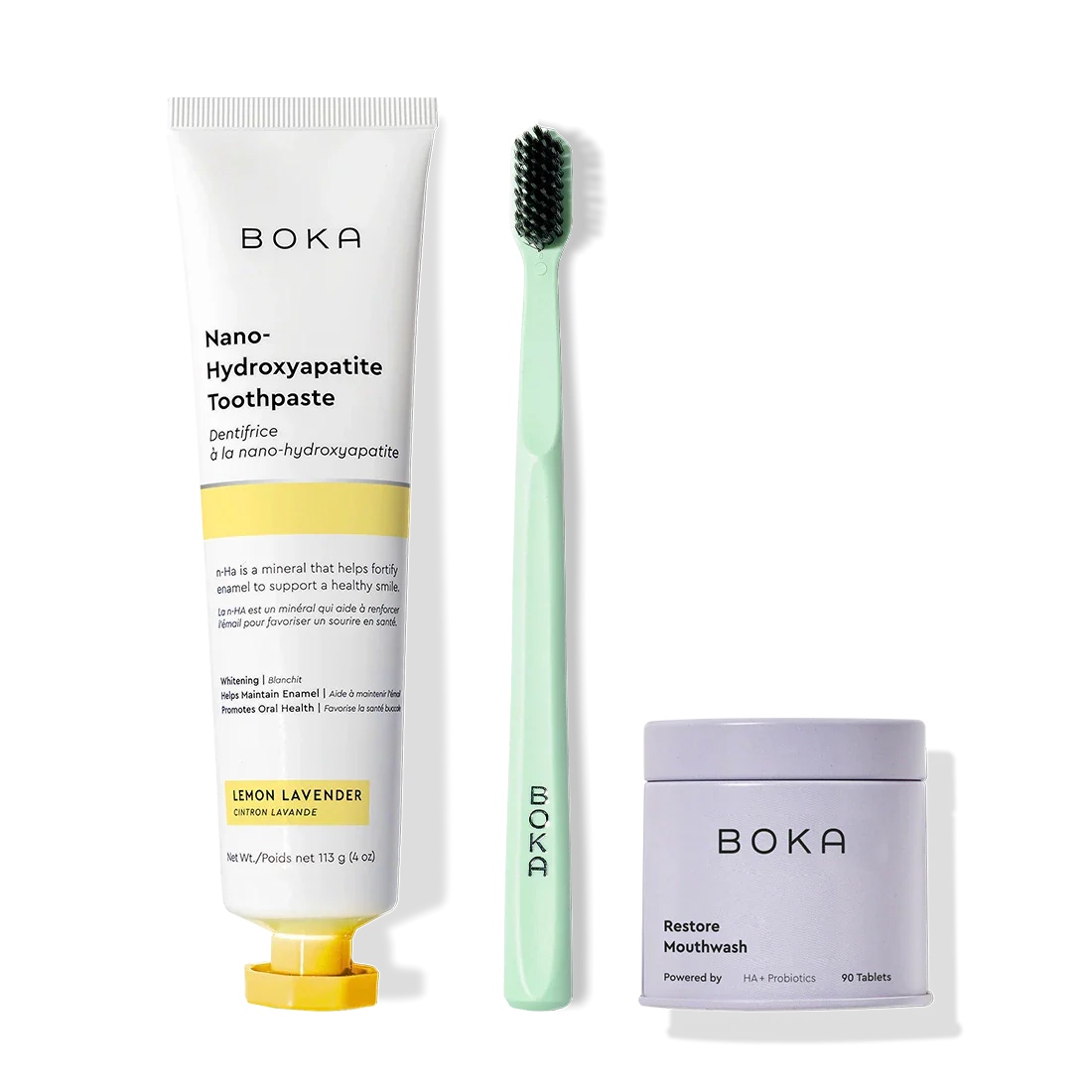 Fresh Faced toothpaste, green charcoal toothbrush, and restore mouthwash tablets.