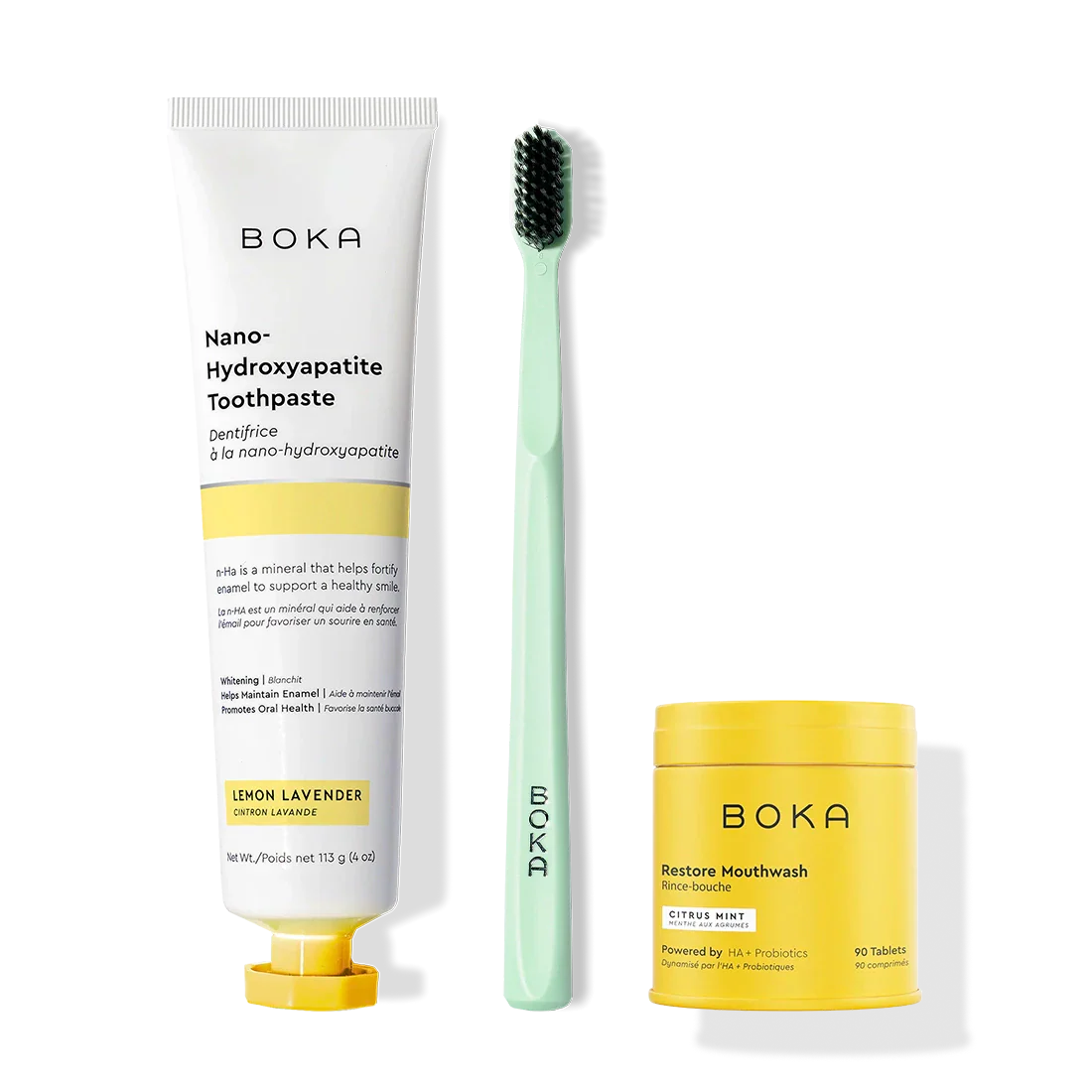 Fresh Faced toothpaste, charcoal bristle toothbrush, and Restore Mouthwash tablets displayed.