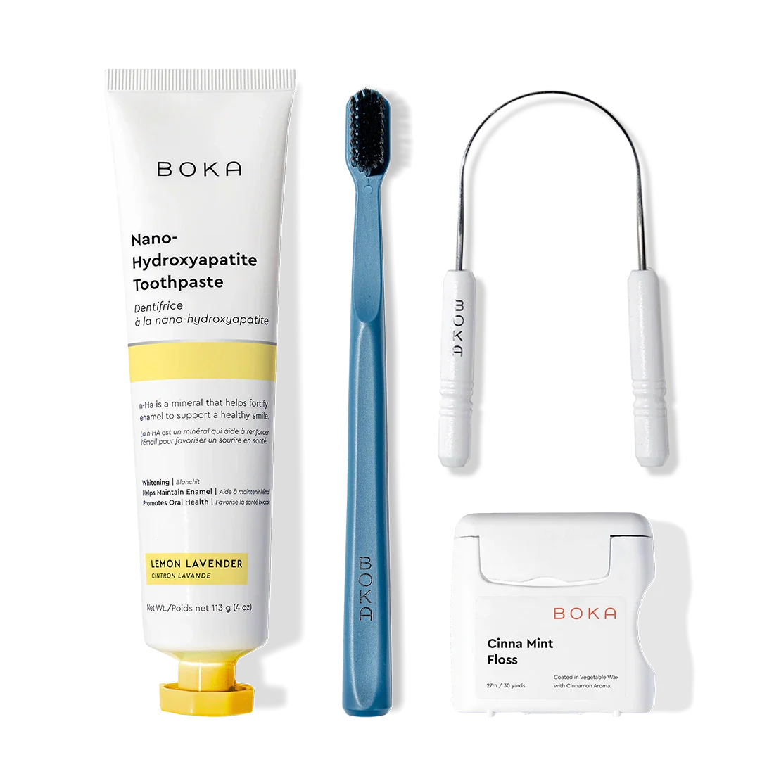 Boka Starter Kit: n-Ha toothpaste, blue brush with charcoal bristles, tongue cleaner & mint floss.