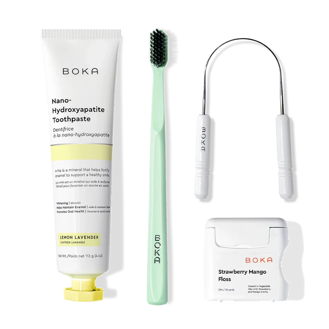 The Starter Kit includes nano-hydroxyapatite toothpaste, a green toothbrush, and dental floss.