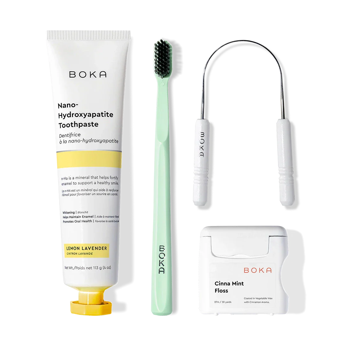 Starter Kit: toothpaste, charcoal bristle toothbrush, tongue cleaner, and Cinna Mint floss.