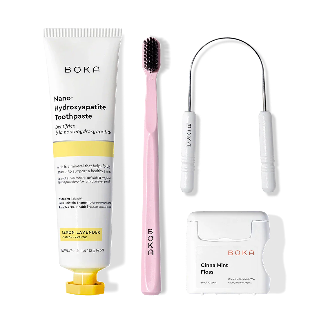 Starter Kit with toothpaste, pink charcoal toothbrush, tongue cleaner, and Cinna Mint floss.