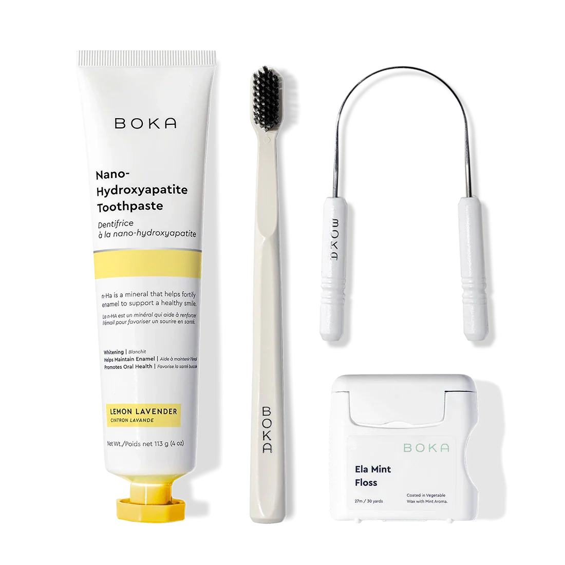 Starter Kit: includes nano-hydroxyapatite toothpaste, charcoal bristle toothbrush, and floss.