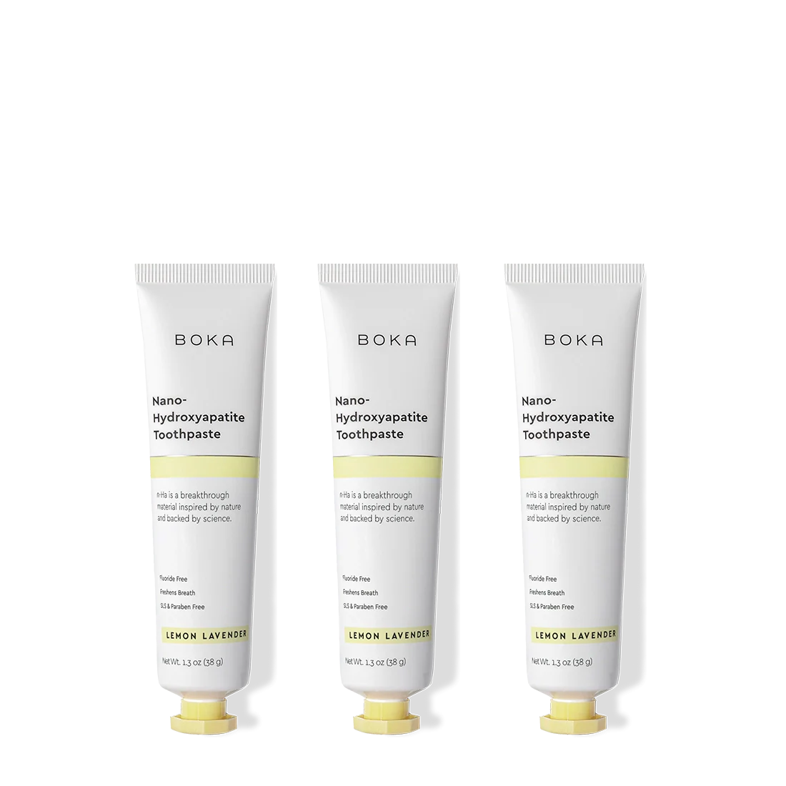 Three tubes of Boka Nano Hydroxyapatite Toothpaste on a white background