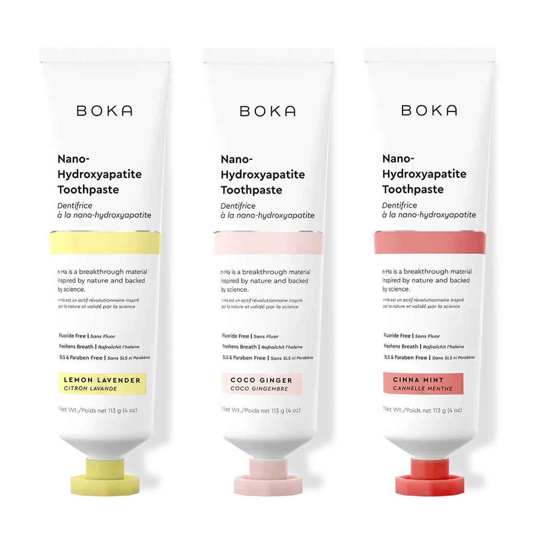 Three tubes of Boka Nano-Hydroxyapatite Toothpaste with different flavors on a white background.