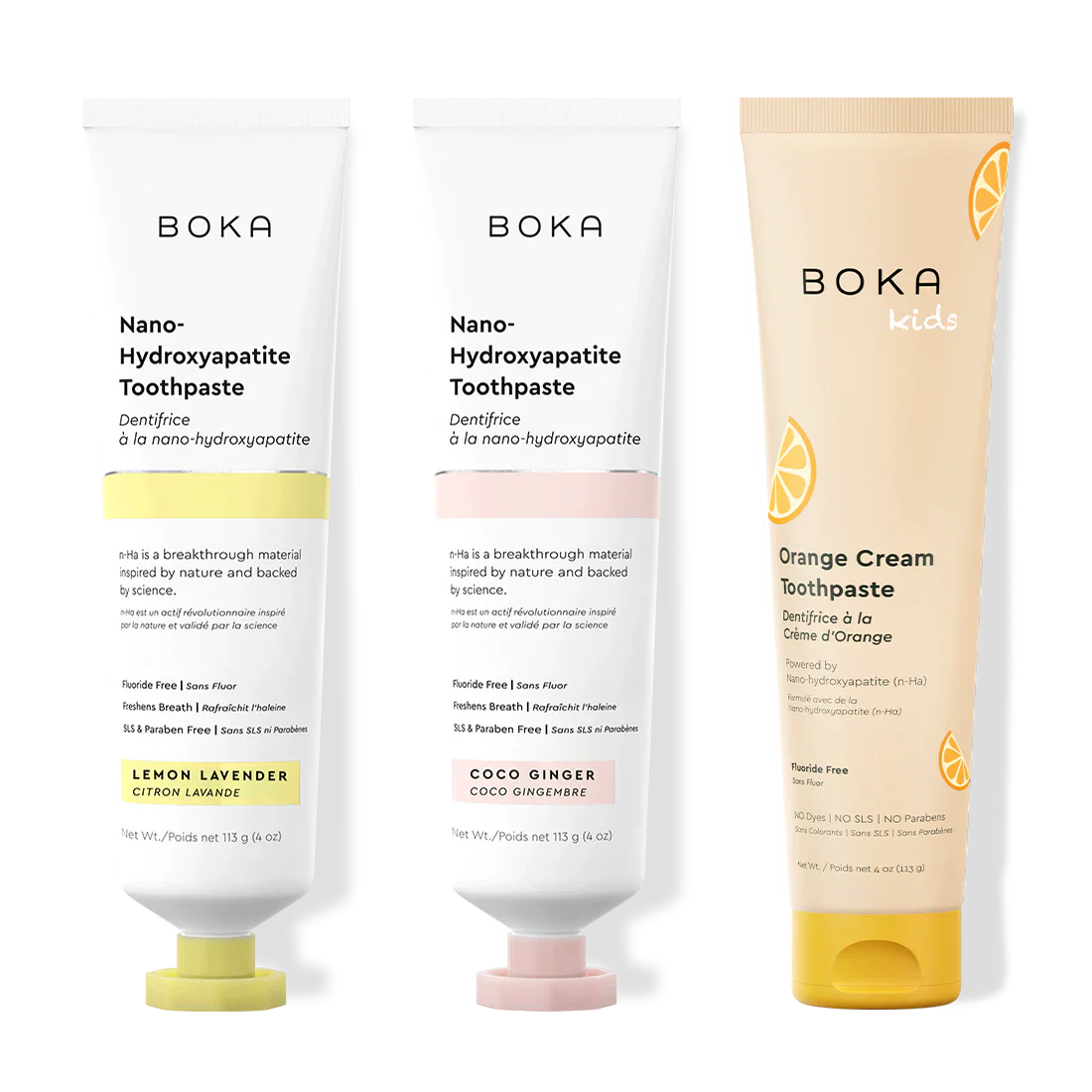 Three bottles of Boka Nano-Hydroxyapatite Toothpaste on a white background
