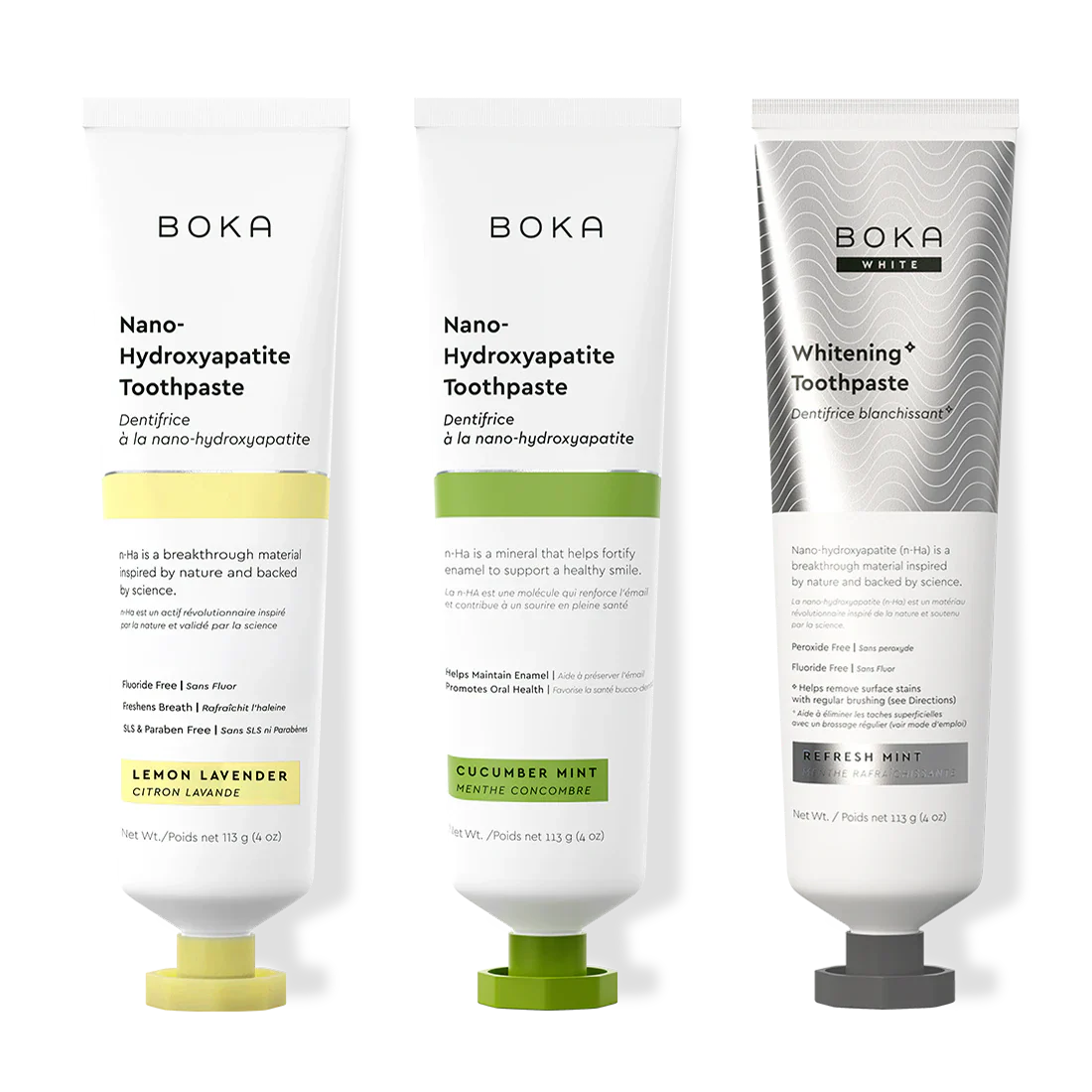 Three bottles of Boka Nano-Hydroxyapatite Toothpaste on a white background