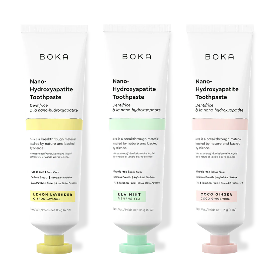 Three bottles of Boka Nano-Hydroxyapatite Toothpaste on a white background