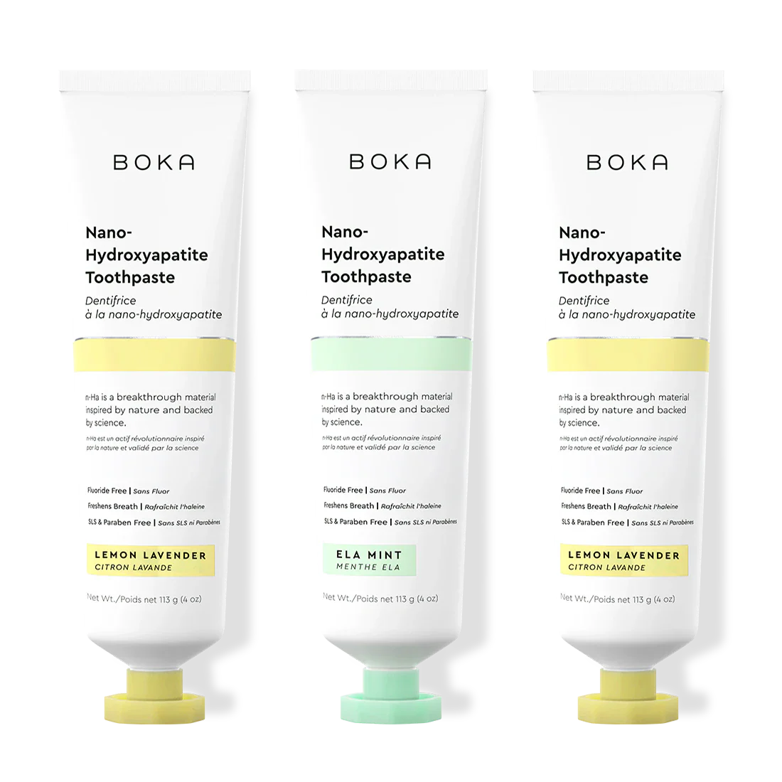 Three tubes of Boka Nano-Hydroxyapatite Toothpaste on a white background
