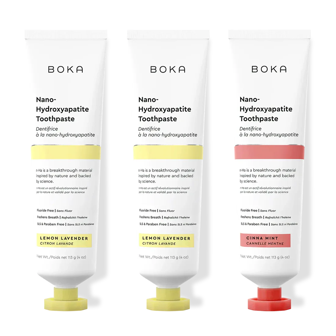 Three tubes of Boka Nano-Hydroxyapatite Toothpaste with different flavors on a white background.