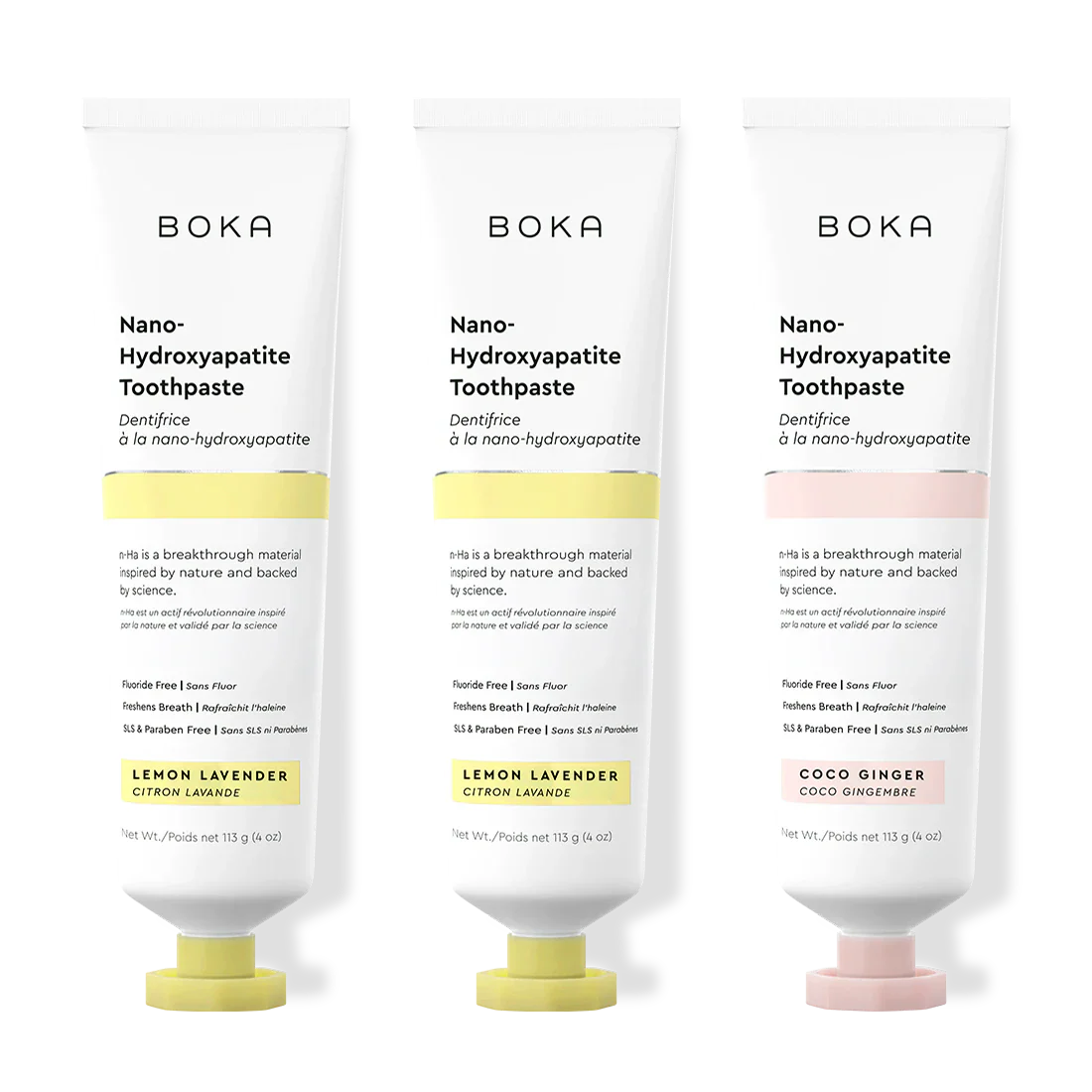 Three tubes of Boka Nano-Hydroxyapatite Toothpaste on a white background